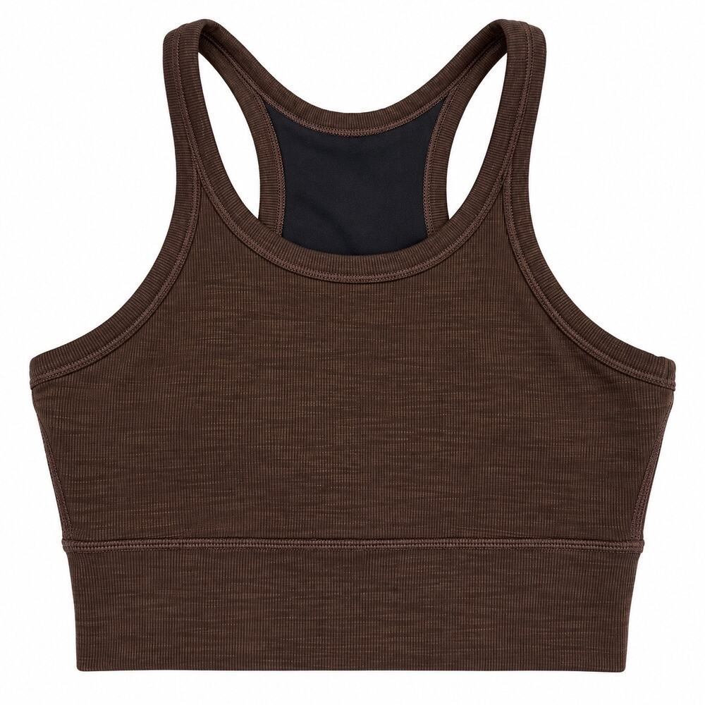 prAna Women’s Ribbed Racerback Sports Bra Small Brown Longline Yoga Crop Top